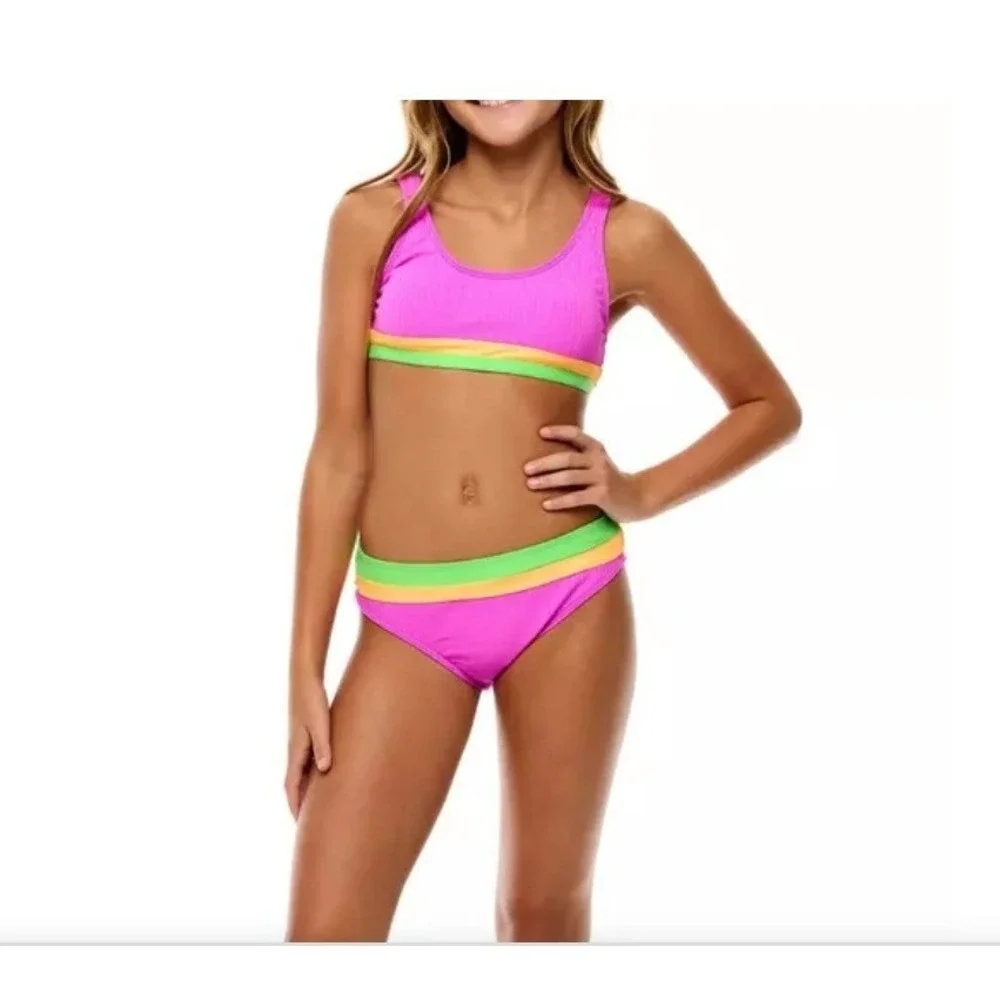 Beach Lingo Girls Purple Ribbed Bikini Set Neon‎ Green Orange Trim Size 10 NEW